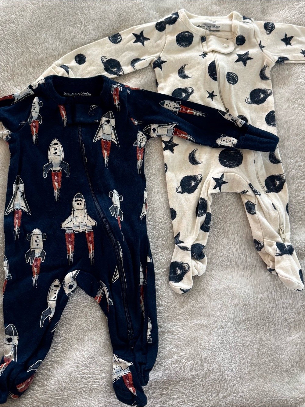 Space Rocket Footed One-Piece Sleepers - Navy & Cream - 2-Pack